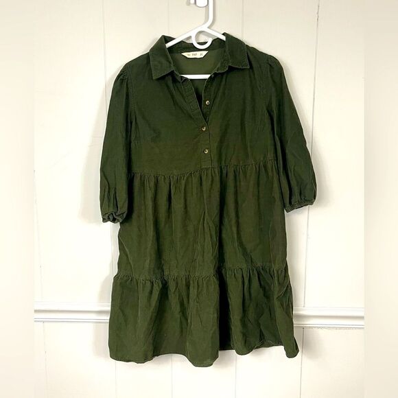 F&F Corduroy Olive Green Tiered Cotton Mini Dress Button Front Size 10 - Picture 1 of 9
